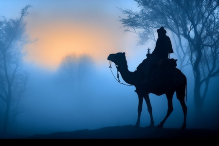 Silhouette of a man riding a camel in a foggy forest.の素材