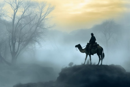 Silhouette of a man riding a camel in the mist.の素材