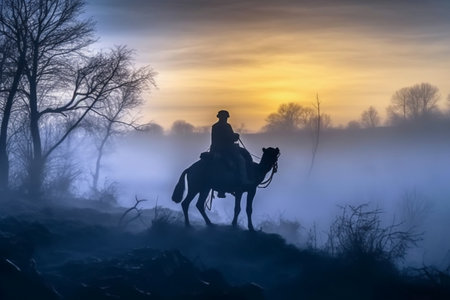 Silhouette of a man riding a camel on a foggy winter morningの素材