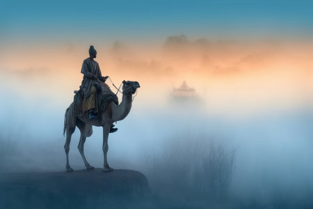 Silhouette of a man riding a camel on a foggy morningの素材