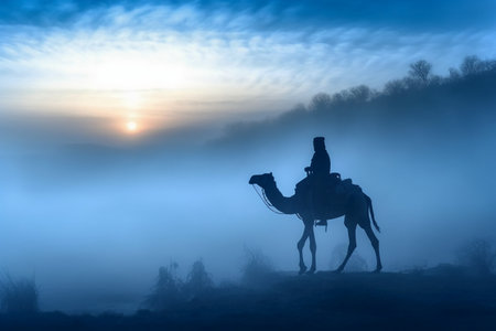 Silhouette of a man riding a camel on a foggy morning.の素材