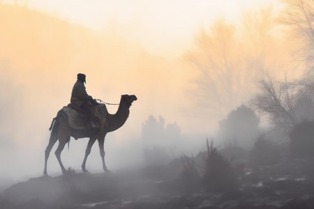 Cameleer on a camel in the mist. Morocco.の素材