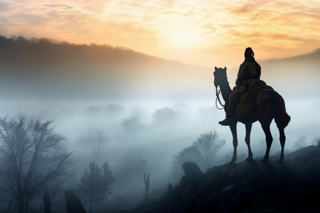 Silhouette of a man on a horse in the foggy mountainsの素材