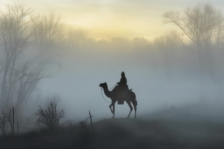 Silhouette of a man on a camel in the foggy morningの素材