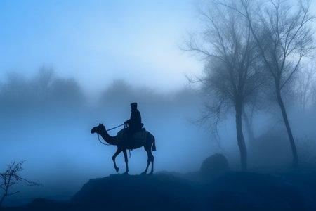 Silhouette of a man on a horse in the fog.の素材