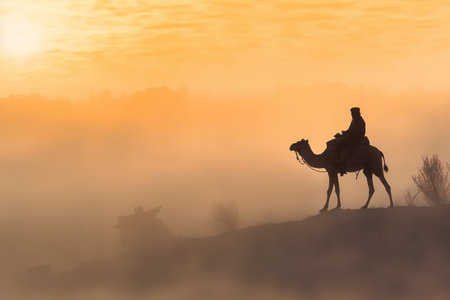 Silhouette of a man riding a camel in the fog at sunriseの素材