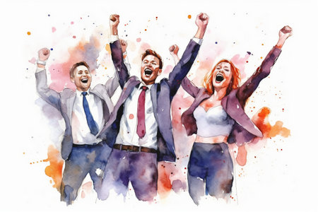 Happy business people celebrating success, watercolor splashes on white backgroundの素材