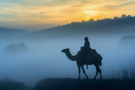 Silhouette of a man riding a camel on a foggy morningの素材