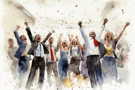 Business people cheering in the airplane, watercolor illustration painting background.の素材