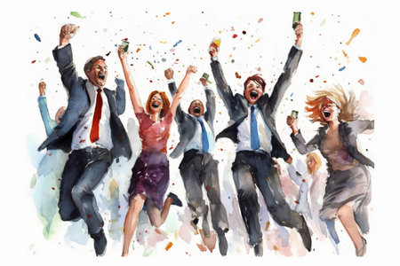 Watercolor illustration of a group of business people celebrating success with raised handsの素材