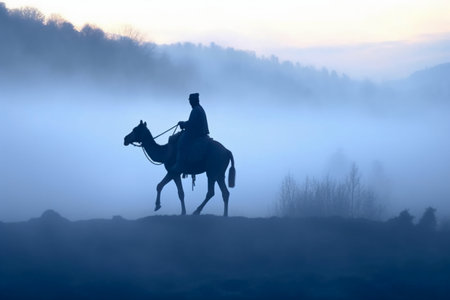 Silhouette of a man on a horse in the morning mistの素材