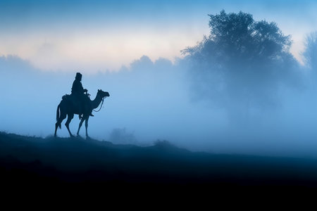 Silhouette of a man riding a horse on a foggy morningの素材