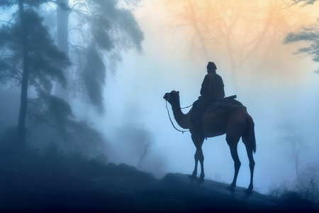 Silhouette of a man riding a horse in the misty forestの素材