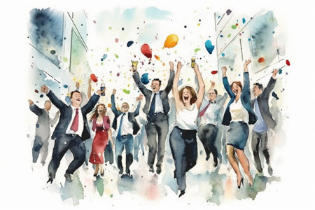 Business people celebrating success. Watercolor hand drawn illustration on white backgroundの素材