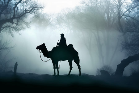 Silhouette of a man on a camel in the foggy forestの素材