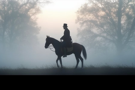 Silhouette of a man riding a horse in the fog.の素材