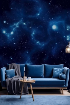 Blue sofa with blue cushions and coffee table against the background of the starry skyの素材