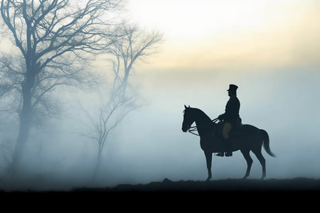 Silhouette of a man riding a horse in the fog.の素材