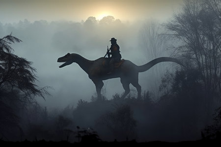 Silhouette of a man riding a horse on a foggy morningの素材