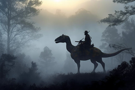 Silhouette of a soldier riding a horse in a foggy forestの素材