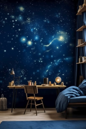 Interior of modern living room with blue walls, wooden floor, blue sofa and armchair, books and coffee table.の素材
