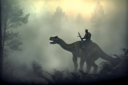 Steampunk man riding a camel in the foggy forest. 3d renderingの素材