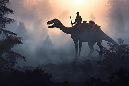 Silhouette of a man riding a dromedary in the forestの素材