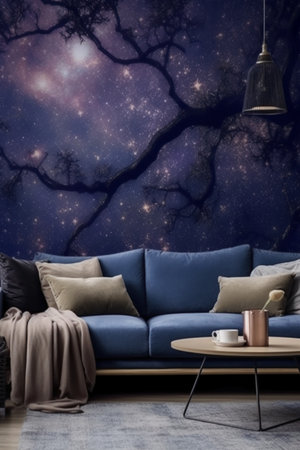 Dark living room interior with blue sofa, coffee table, coffee cup and big tree in the backgroundの素材