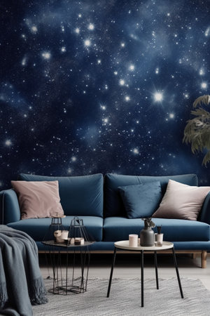 interior with blue sofa, coffee table and night sky with starsの素材