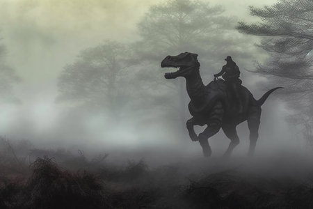 Digital painting of a knight riding a horse in a foggy forestの素材