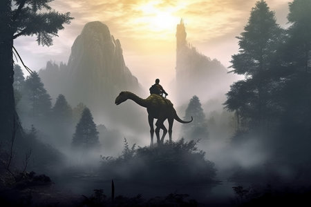 Man riding a camel in the misty forest. 3d renderingの素材
