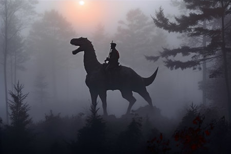 Silhouette of a knight riding a horse in a foggy forestの素材