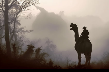 Silhouette of a cowboy on horseback in a misty forestの素材