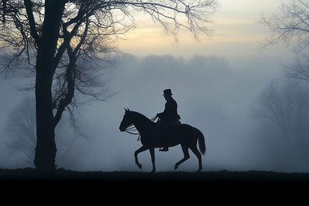 Silhouette of a young man riding a horse in the fogの素材
