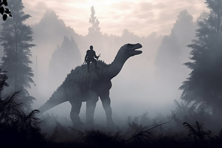 Silhouette of a man riding a dinosaur in the forest.の素材