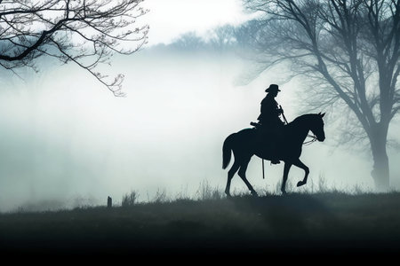 Silhouette of a cowboy on horseback in the misty forestの素材