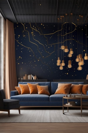 interior design modern bright room with blue sofa 3d Illustrationの素材