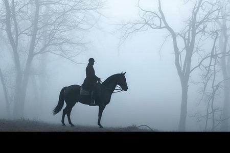 The silhouette of a man riding a horse in a foggy forestの素材