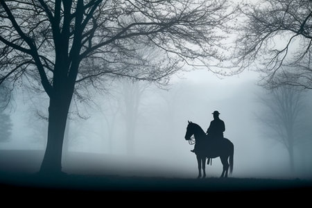 Silhouette of a man riding a horse in the misty forestの素材