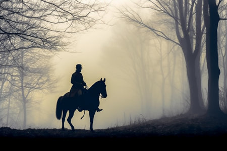 Silhouette of a man riding a horse in the foggy forestの素材