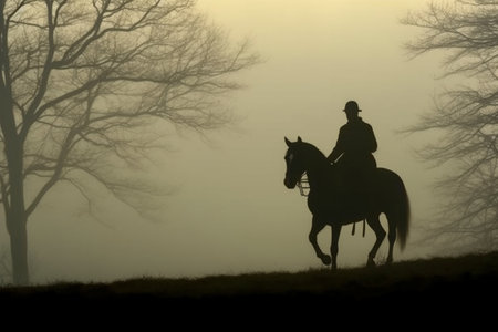 Horseman on horseback in misty forest. Silhouetteの素材