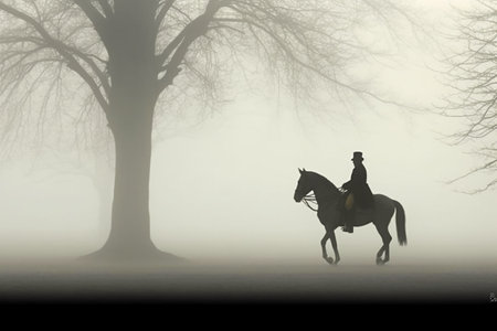 Silhouette of a cowboy riding a horse in a foggy forestの素材