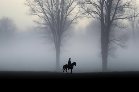 Silhouette of a woman riding a horse in a foggy fieldの素材