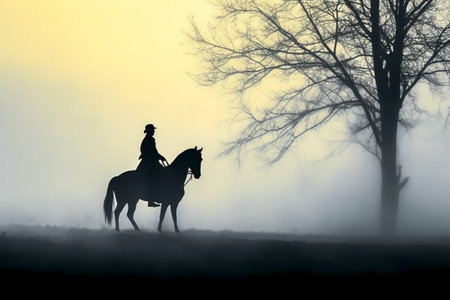 Silhouette of a man riding a horse in the mist.の素材