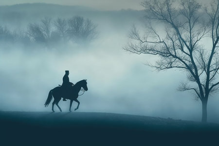 A silhouette of a man riding a horse on a foggy winter morningの素材