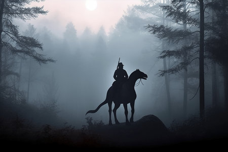 Silhouette of medieval knight on horseback in misty forestの素材