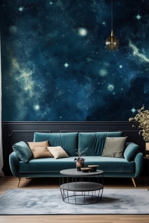 Interior of living room with blue sofa, coffee table and lampの素材