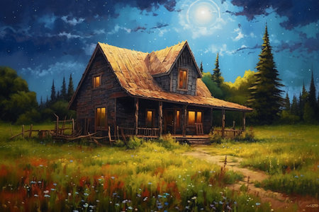Old wooden house in the field. Illustration. Digital painting.の素材