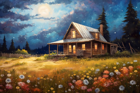 Wooden house on a meadow with flowers. Digital painting.の素材