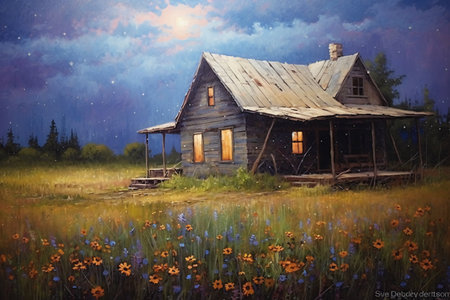 Wooden house in the meadow with flowers. Oil painting.の素材